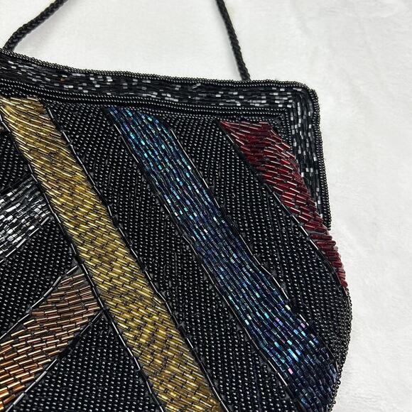 Vintage Beaded Evening Bag Black Rainbow Shoulder Purse Garfinckel's Pocketbook - Picture 8 of 12